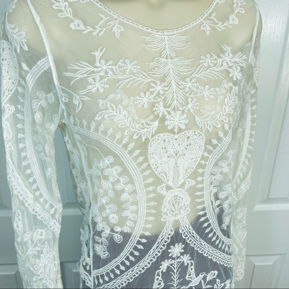 PHASE ONE white lace top sheer mesh see through top white long sleeves shirt S - Picture 9 of 10